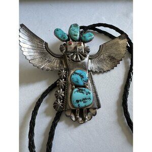 SUPER RARE!!! BOLO TIE Great Vtg Navajo Kachina Large Sterling Silver Turquoise